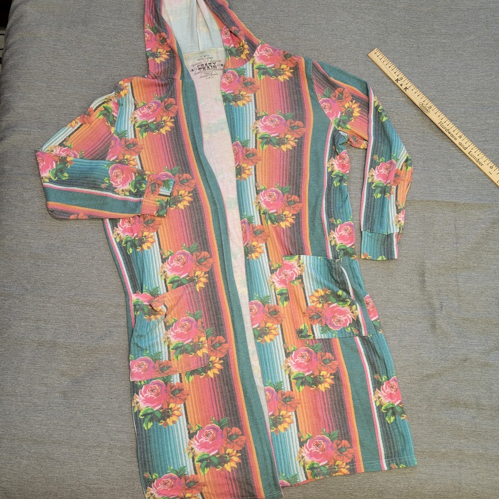 Crazy Train Womens Large Serape Floral Hooded Duster Cardigan Open Front Jacket